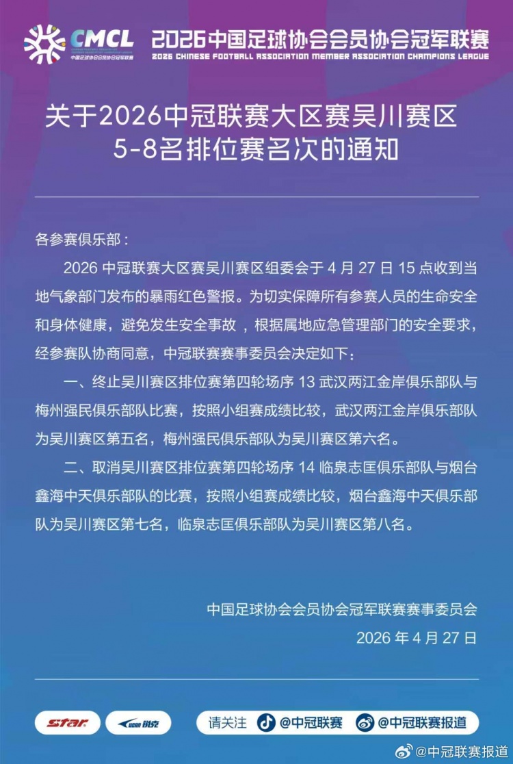 8868体育官方网站-中冠官方：因暴雨终止和取消吴川赛区两场比赛，根据小组成绩排名